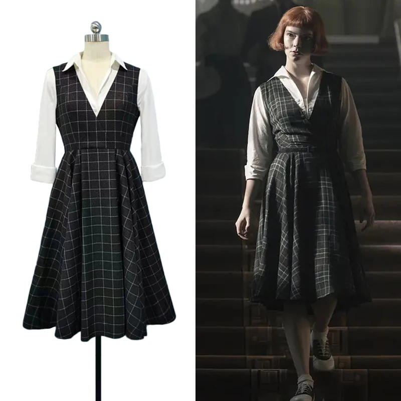 

TV Series The Queen's Women Gambit Cosplay Beth Harmon Costume Vintage Woolen Dress Plaid Sleeveless Uniform Halloween Outfit