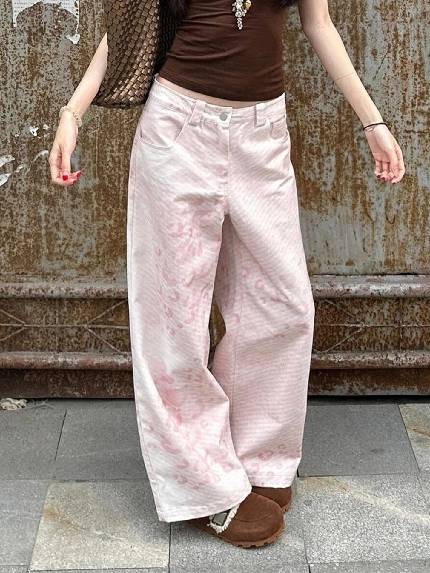 

Retro American Gold Embossed Pink Print Casual Pants Women's Summer New Style Hot Girl High Waist Wide Leg Floor-Length Jeans
