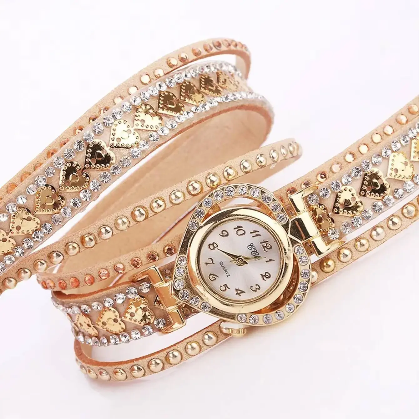 Mode Strass Vrouwen Horloges Hart Wijzerplaat Quartz Horloge Lange Lederen Band Armband Horloge Reloj Mujer Meisjes Klok Gift