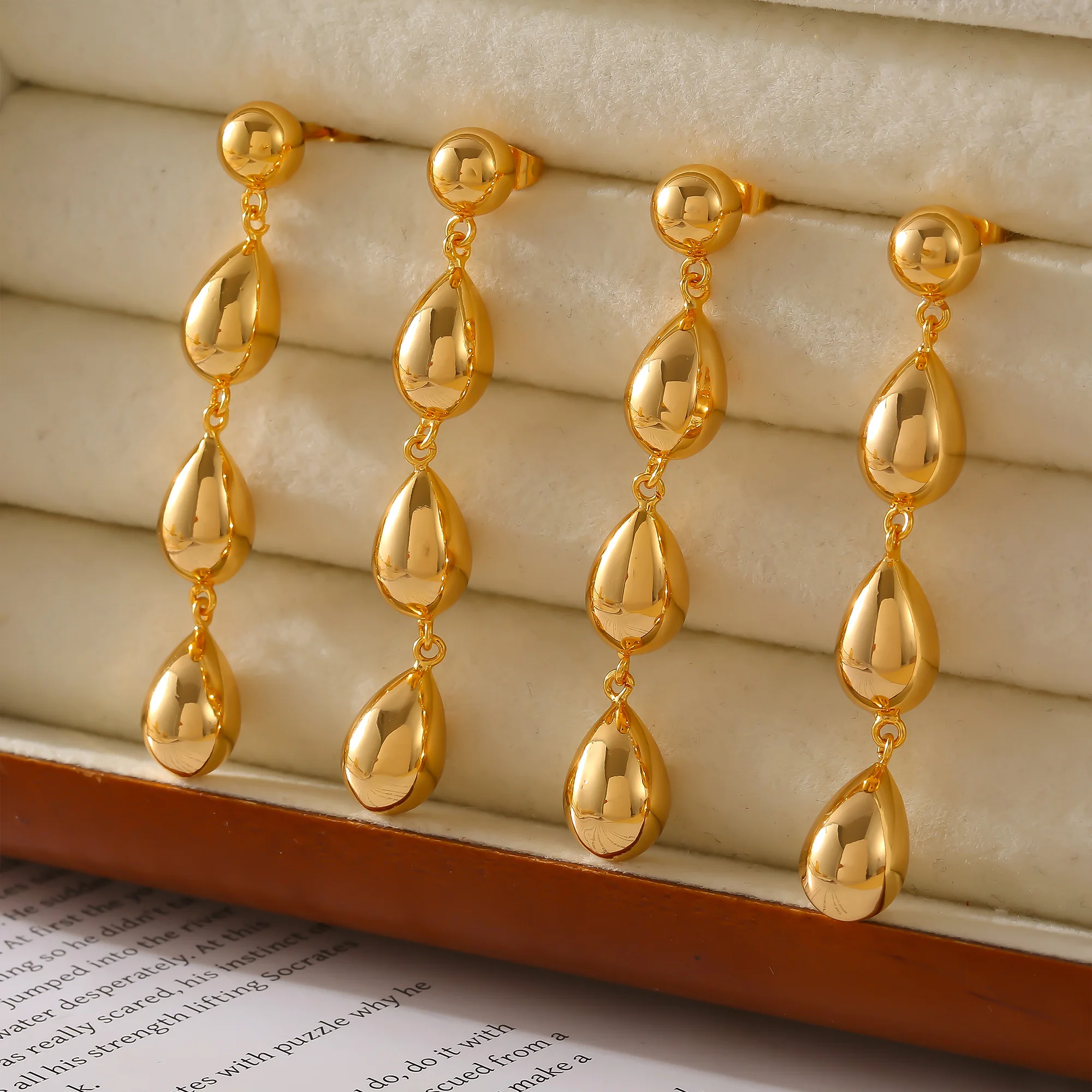 3 Droplet Pendant Stud Earrings For Women 18k Gold Plated Waterproof No Tarnish Women\'s Long Dangle Earring Girls Ear Ring Studs