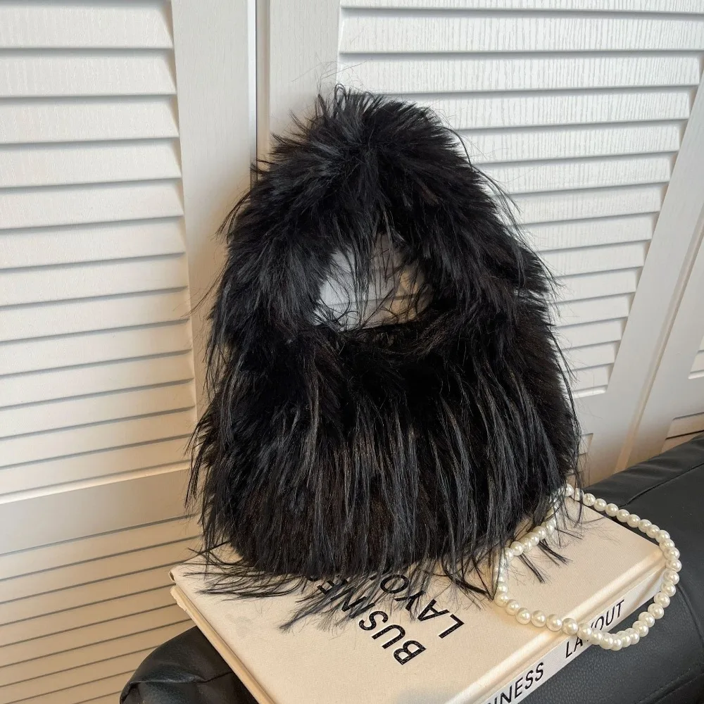 

Sweet Luxury Faux Fur Handbag Solid Color Top-Handle Winter Tote Bag Soft Exquisite Furry Shoulder Bag Travel