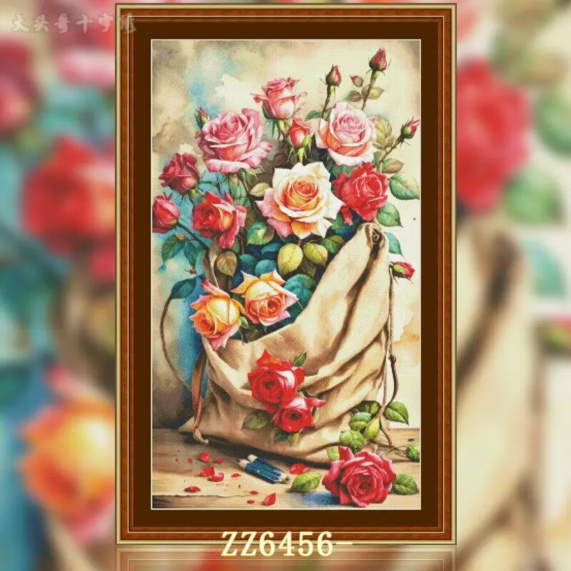 [ZZ6565-Roses in a cloth bag] Stamped Cross Stitch Embroidery Kit 14CT 16CT, Hand Stitching, Preprinted Fabric