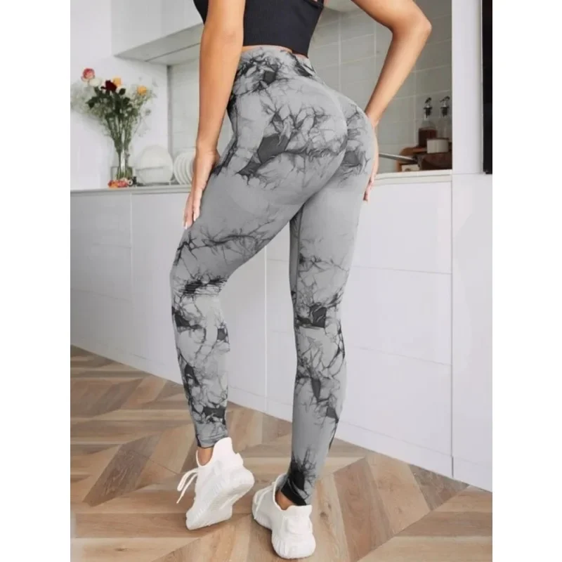 Legginsy damskie z wysokim stanem, bezszwowe, tie-dye, do fitnessu, sportu, biegania, jogi, modelujące pośladki, elastyczne, dzianinowe rajstopy.
