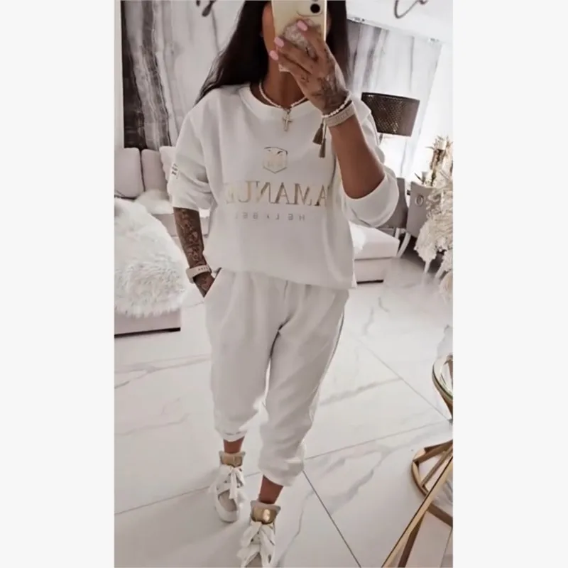 

Printed Fashion Solid Color Long Sleeved Sweatshirt+pants Two-piece Set Women's Sports Pocket Pants Set Conjuntos De Pantalones