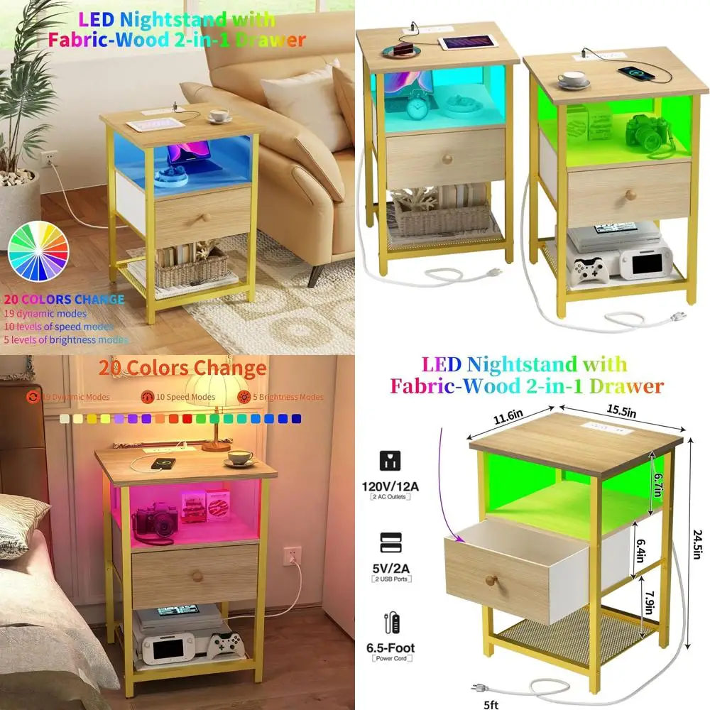 

Pair of LED Nightstands with Charging, USB Ports, Outlets, and Fabric-Wood Drawer for Small Spaces