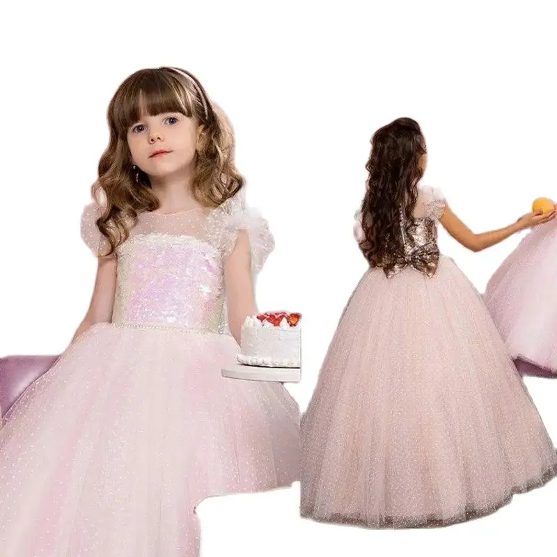 Modest Pot Flower Girl Dress Sleeveless Jewel Neck Zipper Sequins Ankle Length Tulle Lace Princess Girl Ball Gown