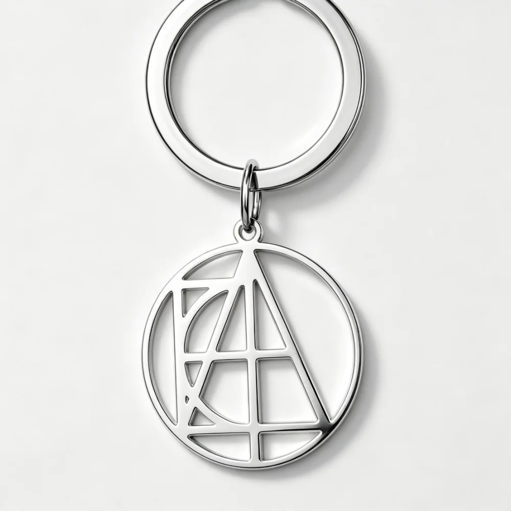 Custom silver hollow circular monogram keychain with geometric letter cutout, minimalist personalized metal keyring accessory.