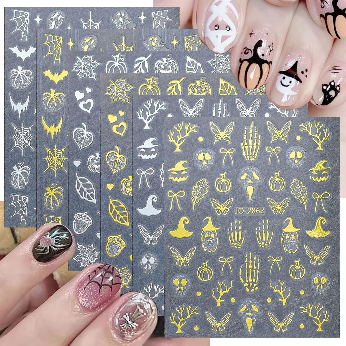 3/6/12 Blatt Halloween-Nagelaufkleber, Gold, Silber, Kürbis, Fledermaus, Spinnennetz, Totenkopf, Geist, metallisch, selbstklebende Nagelkunst-Abziehbilder