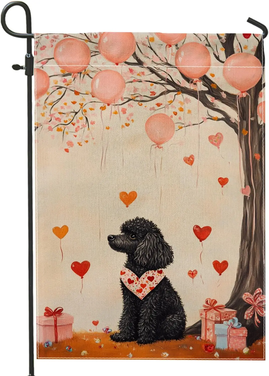 Valentine's Day Dog Garden Flag, Black Poodle with Balloons and Hearts Outdoor Decor, Double Sided Burlap Floral Flag fo CCL jjp