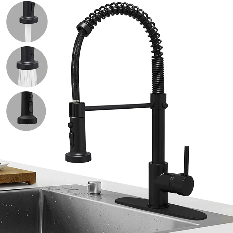 

Spring Pullout Brass Matte Black Kitchen Faucet Hot Cold Water Mixer Tap Faucets 360 Rotation 2 Functions Stream Sprayer Nozzle