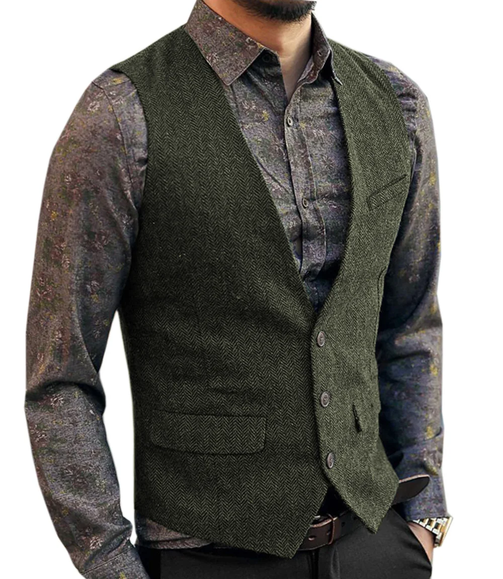 Deep V-Neck Suit Vests  Classical Formal  Business Herringbone  Wood Waistcoat Slim Fit Men\'s Vest For Wedding