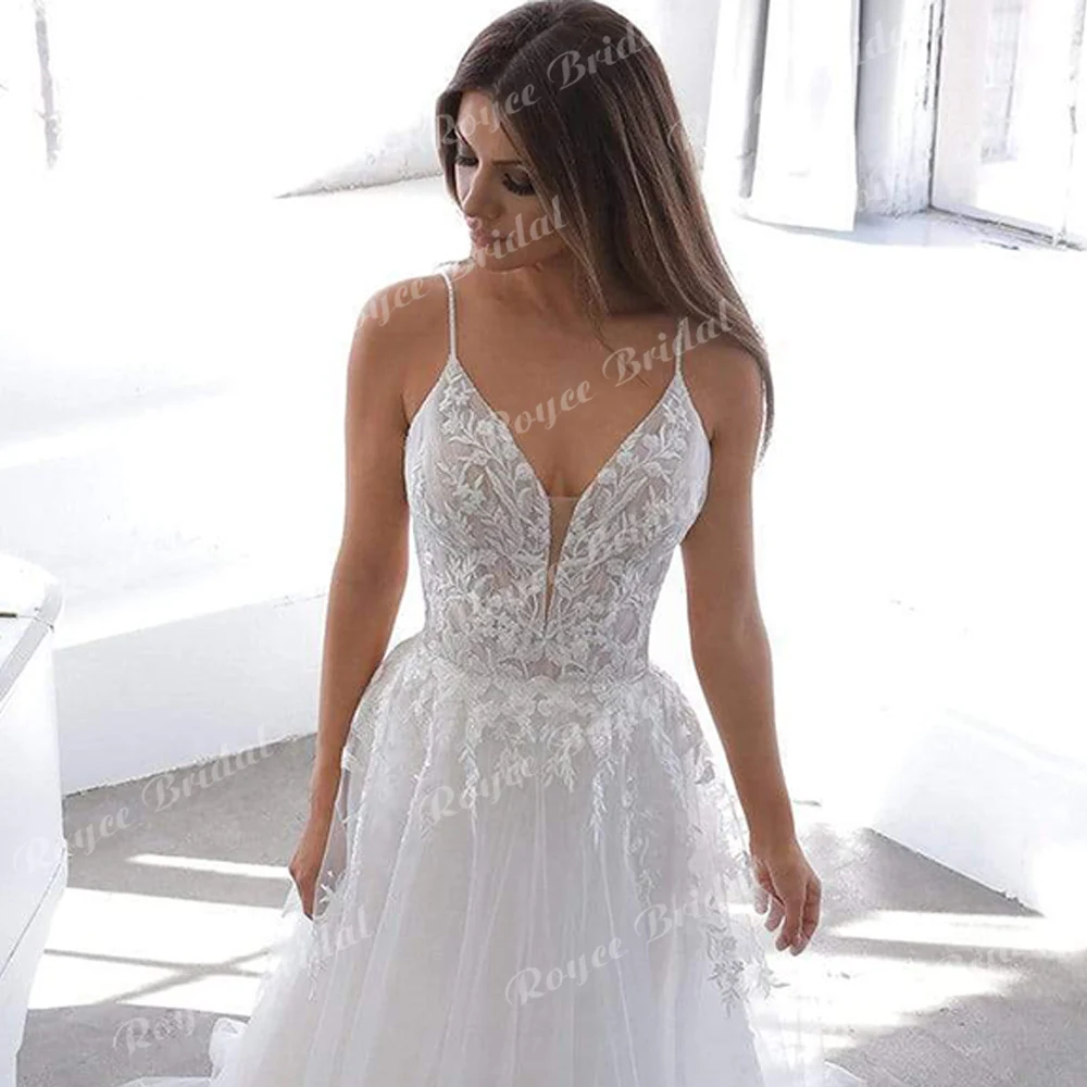 Robe De mariée trapèze Sexy en dentelle pour femmes, col en V, bretelles Spaghetti, dos nu, en Tulle, style Boho