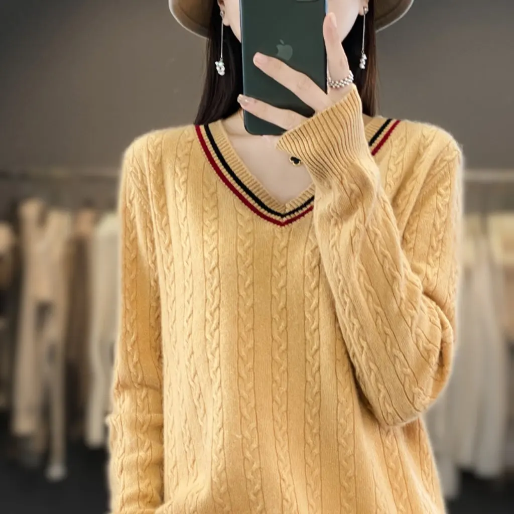 

Women's Korean V-neck Sweater Autumn Winter Collection Color Matched Long Sleeve Loose Knitted Pullover Top Base Shirt