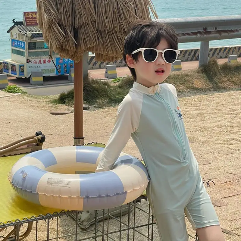 Summer Kids Swimwear Boys Beach Wear Plaid One-piece & Split Long Sleeve Boys Swimwear with Cap Sunscreen Baby Clothes 3