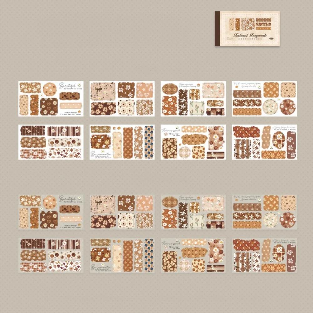 

16pcs Textured Fragments Series Sticker Book Floral Geometric Design PET&Washi Paper Diary Sticker Gift Cartoon