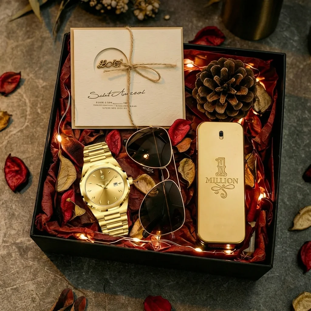 

4pc Men's Gold Black Metal Strap Luxury Diamond Diamond Diamond Markers Date Window Sunglasses Perfume Quartz Watch Gift Box Set