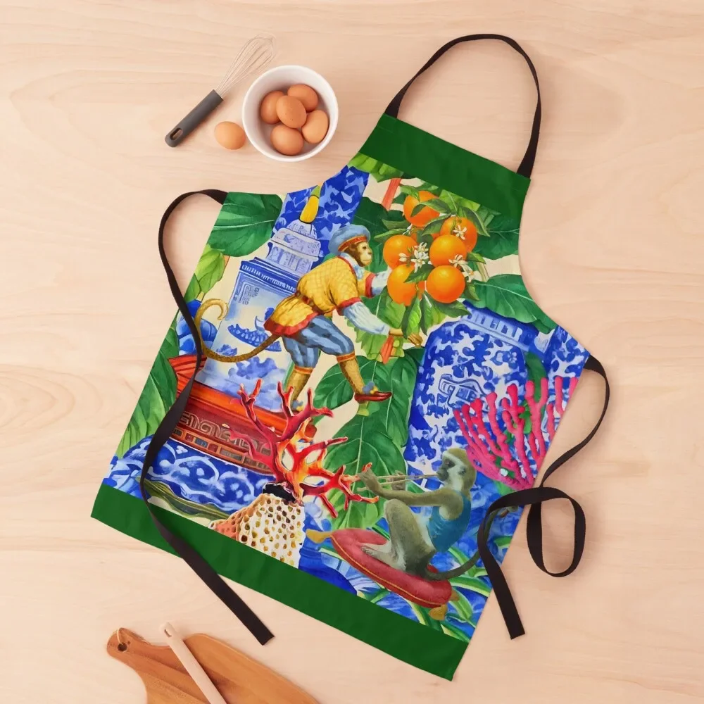 

Monkey picking oranges chinoiserie watercolor Apron Things For Kitchen japanese style Apron