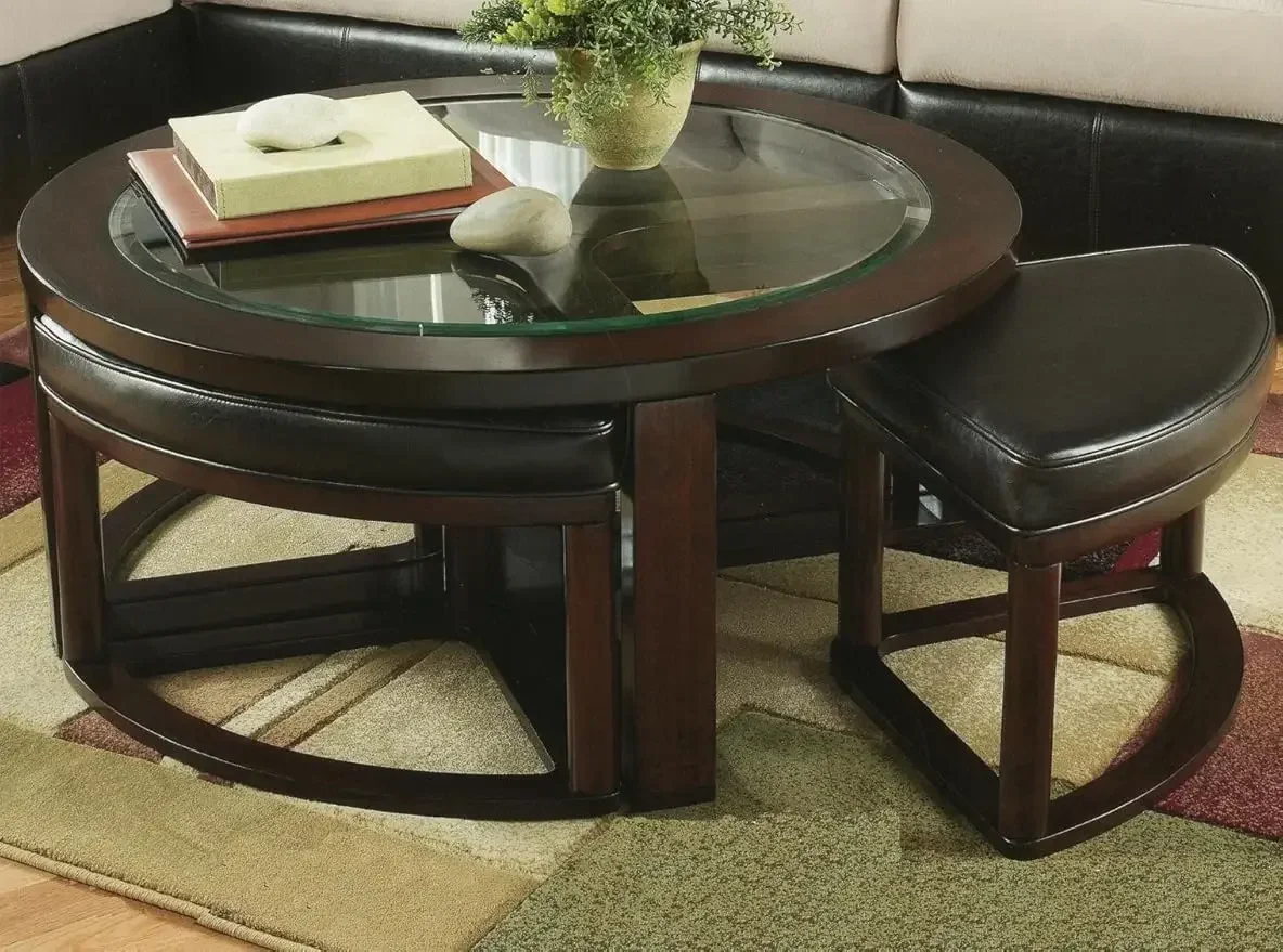 Hot SalesFurniture Solid Wood Glass Top Round Coffee Table With 4 Stools