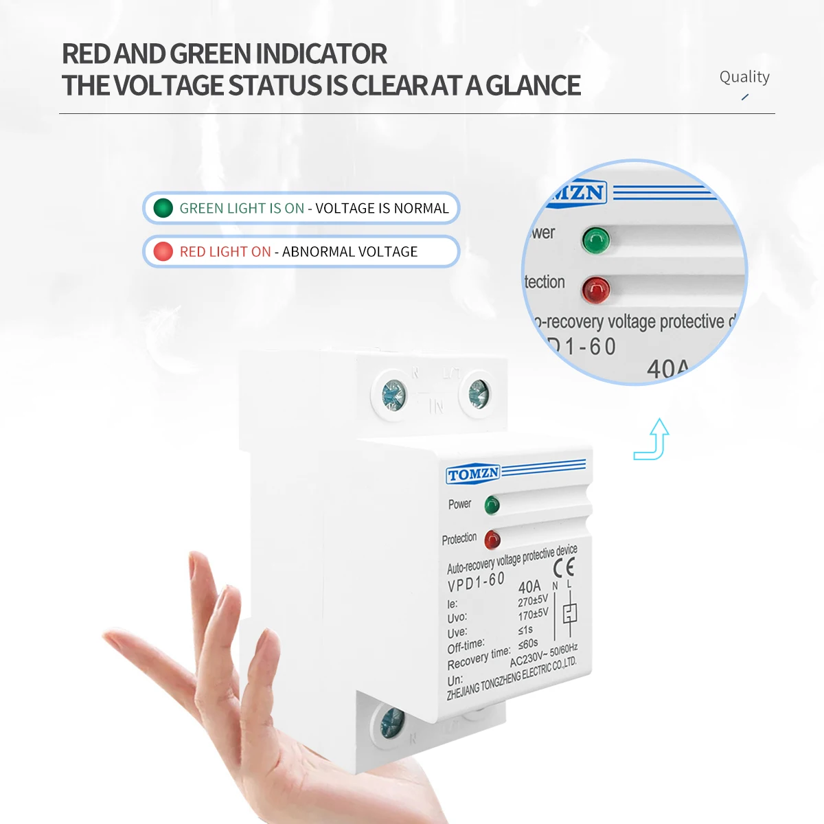 TOMZN 40A 230V Household Din rail automatic recovery reconnect over voltage and under voltage  protective device protector