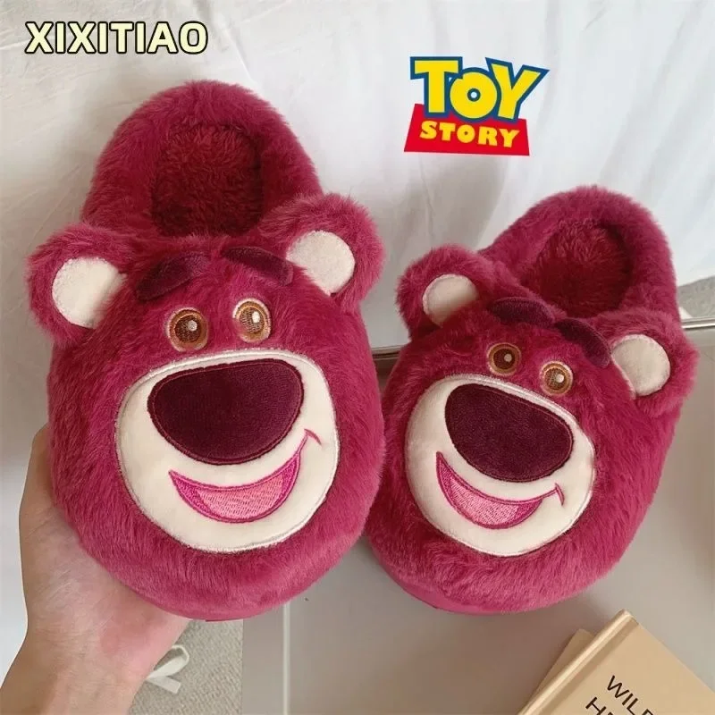 Lotso cotton slippers for men and women winter new cute kawaii Toy Story trendy couple home non-slip anime cartoon furry shoes