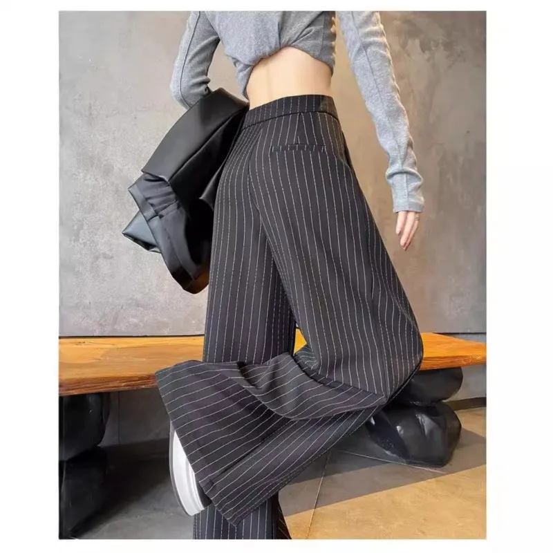2025 Autumn Korean women's design sense loose slimming high-waisted straight-leg drape casual pants; striped suit wide-leg