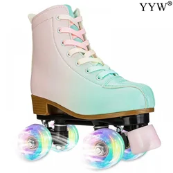 2024 PU Leather Flashing 4 Wheels Roller Skates For Women Double Row Skate Shoes Beginner Quad Sneaker Skating Ice Rink Training