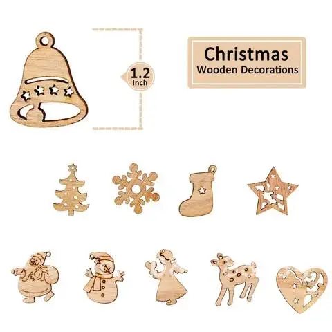 50pcs Wooden Snowflake Mini Tree Pendant 2021 Merry Christmas Eve Window Sticker Winter Snow Decorations For Home Happy New Year