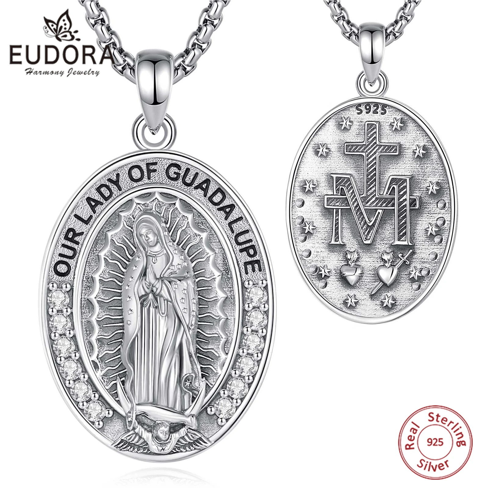 

Eudora 925 Sterling Silver Virgin Mary Medal Pendant our lady of guadalupe Necklace Religious Jewelry Catholic Gift Men Women