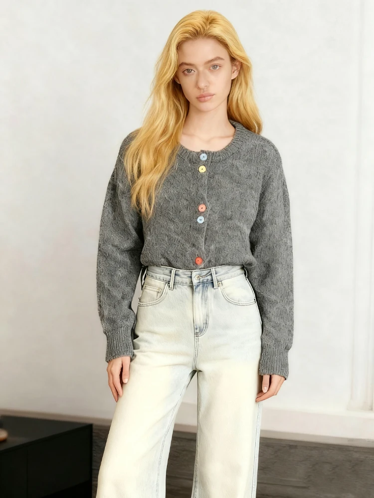 جديد أنيق متعدد الألوان زر الصوف الناعم سترة رمادي طاقم الرقبة المرأة سترة أعلى الخريف الشتاء الكورية مراجعات العديد من ملابس الفتيات