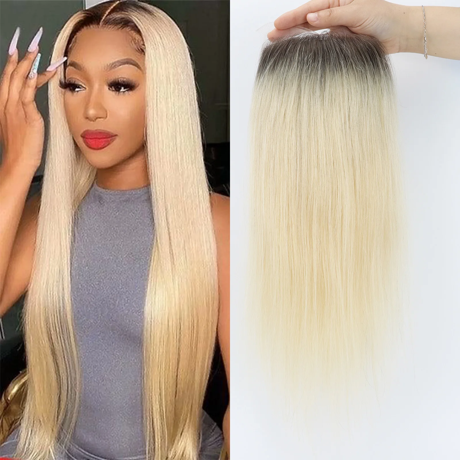 

Накладка из 100% натуральных человеческих волос на шелковой основе для женщин, прямые, омбре, блонд, натуральный цвет волос, с кружевной передней частью, мягкая, с естественной линией роста волос