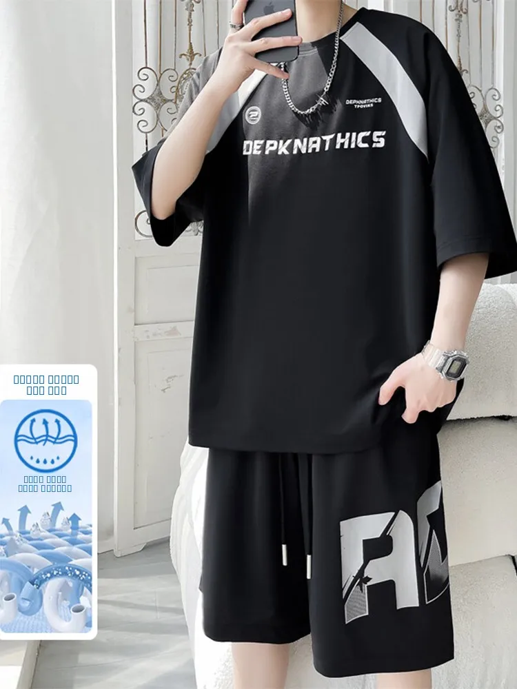 

Мужской легкий спортивный комплект из охлаждающего шелка Ice Silk: быстросохнущие шорты и футболка для американского мотоспорта, полный комплект