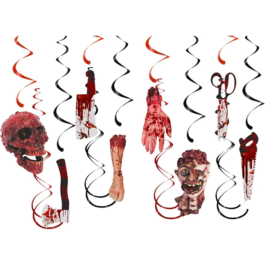 Guirnalda de decoración de fiesta para interiores y exteriores, 12 Uds., calaveras espeluznantes, esqueleto de zombi, Casa Encantada, serpentinas de remolino B