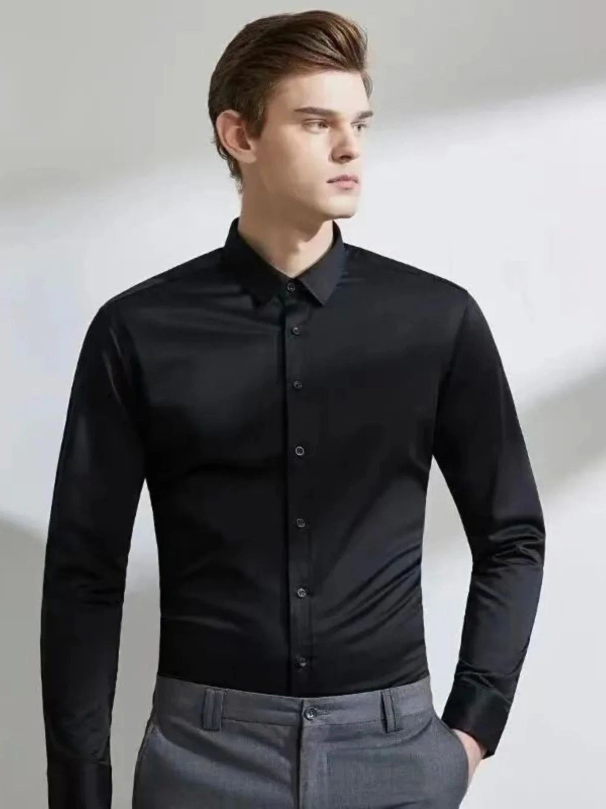 

Silk Elastic Lapel Long Sve irt Smooth Luster Stretchable Collar Men's Slim Fit Fce Lined Autumn irt