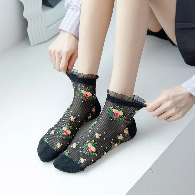 Lolita Lace Ruffle Socks Floral Embroidery Harajuku Vintage Short Socks Women Summer Ultra-thin Transparent Crystal Silk Socks image 4