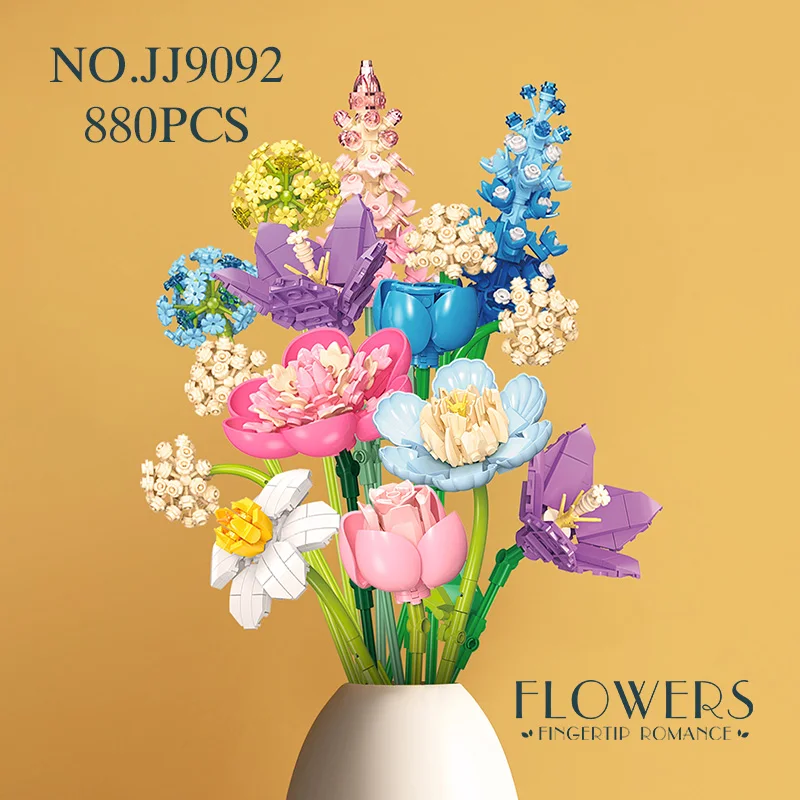 

Romantic Flowers Bouquet Building Blocks set Home Decoration plastic Petals Rose in Various Colors Creative Valentine Gift