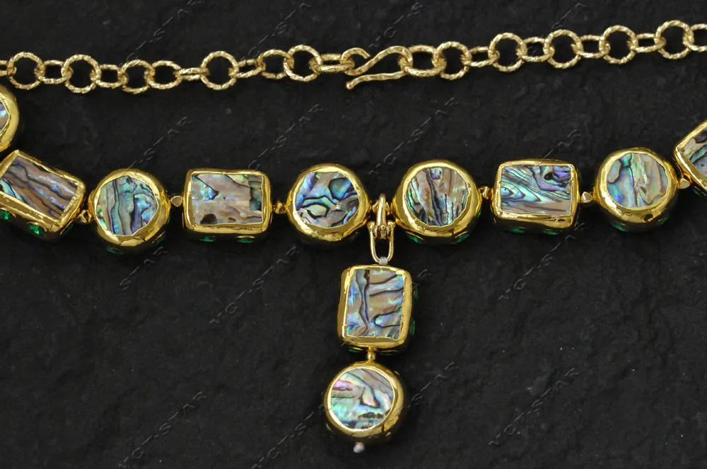 Z14750 19'' 25mm Round Square Peacock Gold Plating Abalone Shell Green CZ Chain Necklace Pendant