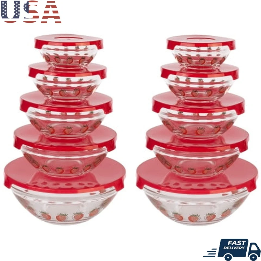 

20-Piece Clear Fruit Design Glass Storage Bowls Set Microwave Safe Stackable with Lids Ideal Food Prep Transport Events