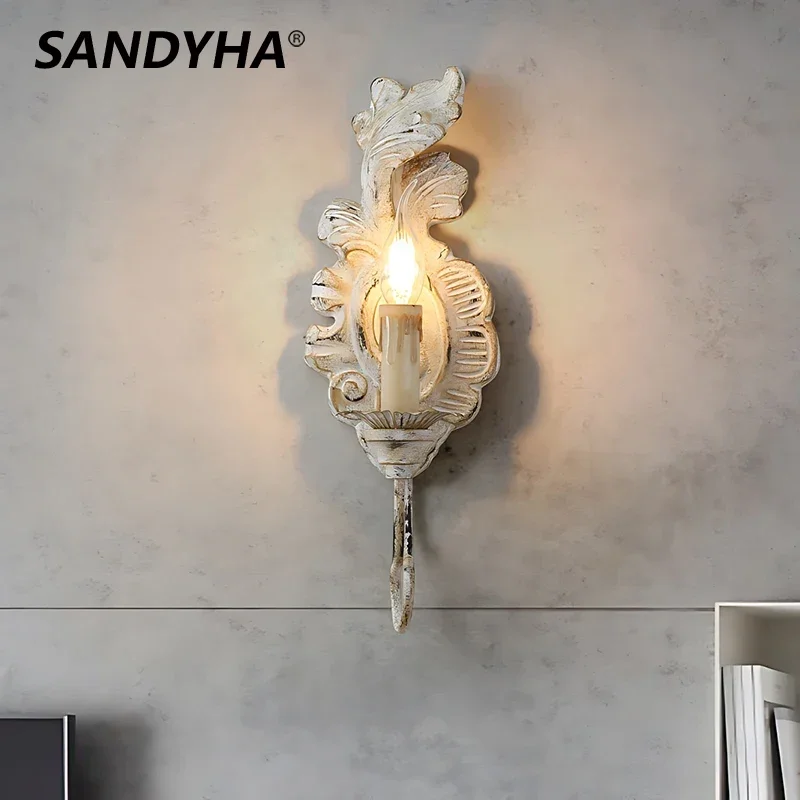 

American Retro Wall Lamp Resin French Living LED Room Bedroom Corridor Aisle Porch Wood Made Old Iron Candle Lamp Wall Light