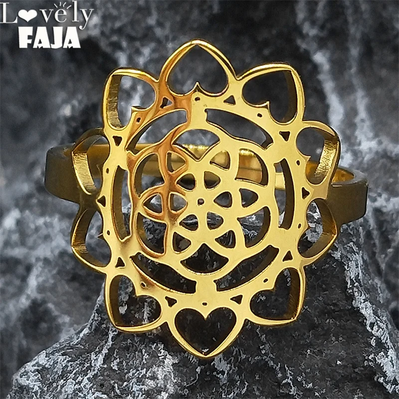 Sacred Geometry Metatron Heart Ring for Women Flower fo Life Stainless Steel Gold Color Finger Rings Reiki Healing Jewelry R4