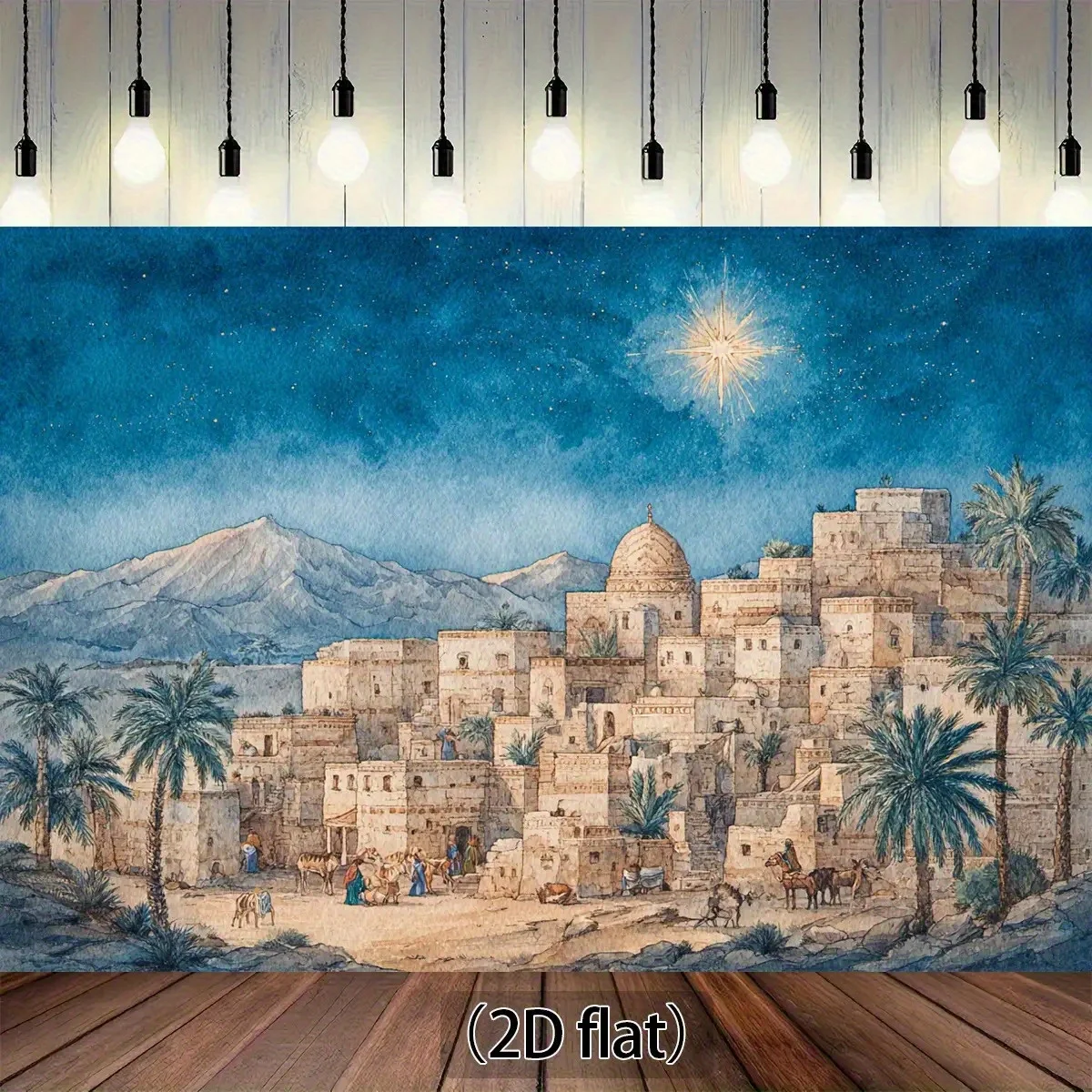 2D flach, 1 Stück Bibeldorf und Sternenhimmelszene – 2D flacher Polyester-Fotohintergrund für Weihnachts- und Halloween-Dekorationen