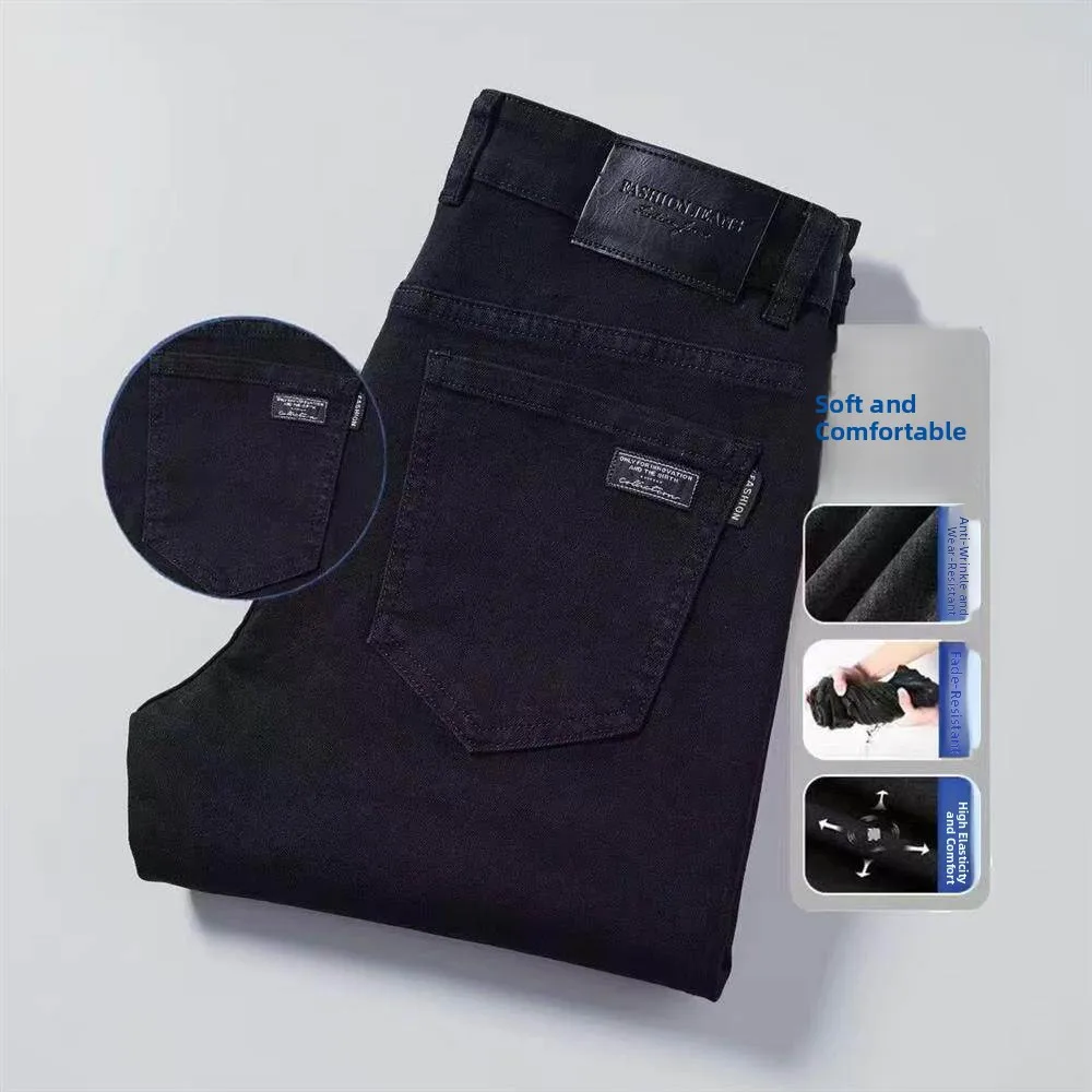 Wear-Resistant Men's Jeans Straight Leg Workwear Lightweight Elastic Casual mid Waist Cotton Stretch Denim Pants for Youth