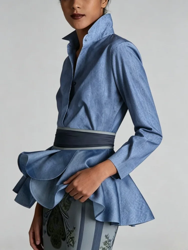 Modigirl Women‘s Vintage Blue Blouses 2024 Autumn Buttoned Ruffled Lapel with Belted Class Long Sleeves Shirts Tops for Women