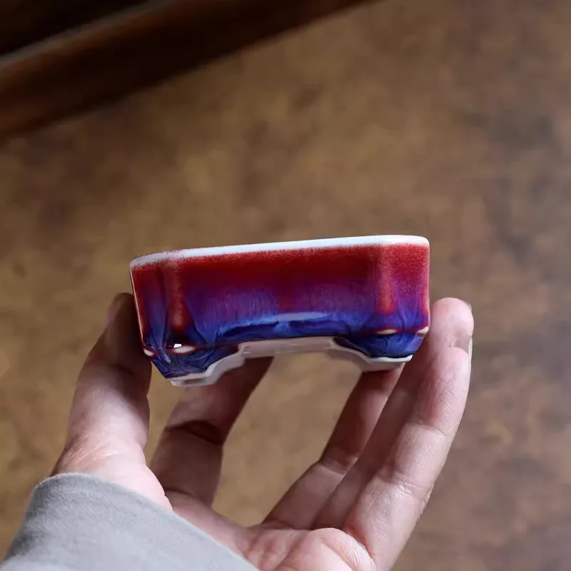 Porcelain Glazed Rectangle Bonsai Pot, Small Vase,Traditional Chinese Kiln Transmission, Dormitory Room Table, Garden Decoration