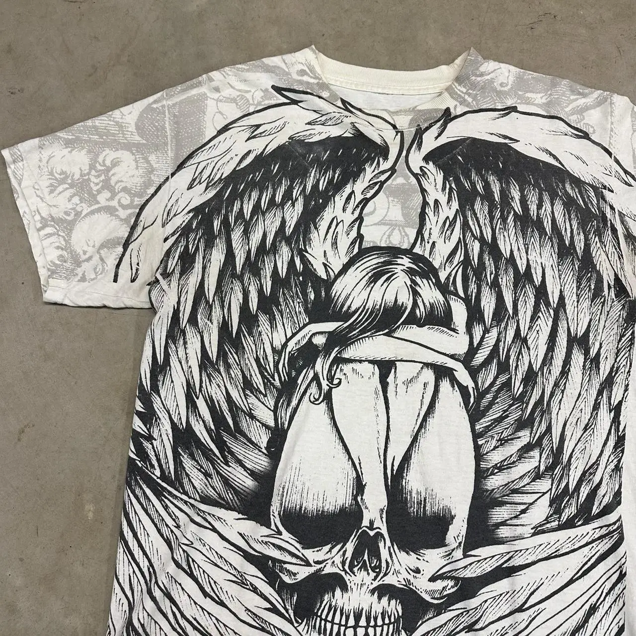 Y2K Style Skull Angel All Over Print T-Shirt Large 20 inches PtP Printing Oversized Shirt Gothic Clothing Top Streetwear