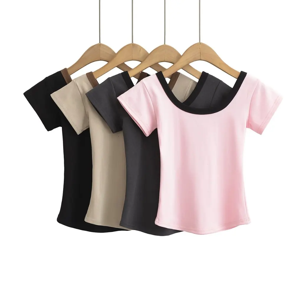 

Женская винтажная футболка контрастного цвета с U-образным вырезом и короткими рукавами, летний облегающий сексуальный топ в американском стиле для горячих девушек