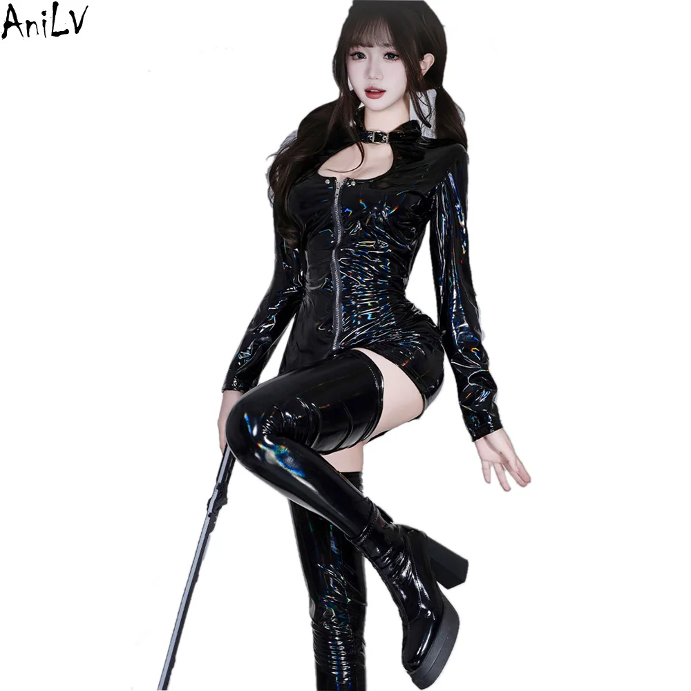 

AniLV женщина-кошка герой лазерное кожаное облегающее платье чулки женский агент наряд одежда костюмы для косплея