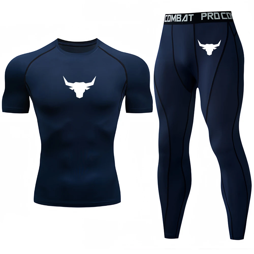 Bull Head Printed Two piece set Men's Jiu Jitsu Muay Thai Compression Sets Gym Running Quick Drying Sportswear Fitness Training