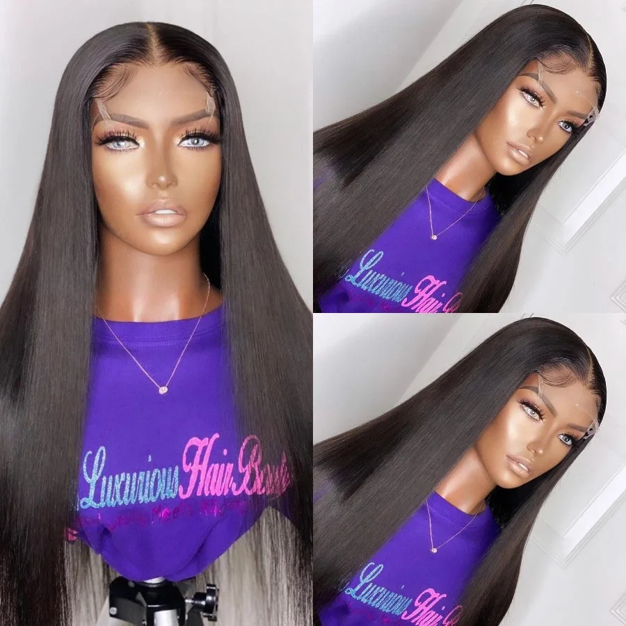 

Preplucked Soft 180%Density 26Inch Natural Black Silky Straight Long Natural Hairline Glueless Lace Front Wig For Women Babyhair