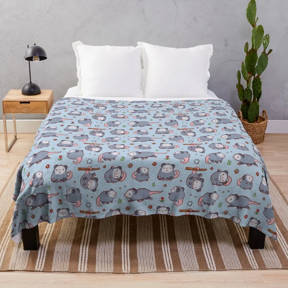 Cute opossum pattern in blue and grey colours, kawaii opossum Throw Blanket Softest Cute Soft Beds Beach Blankets