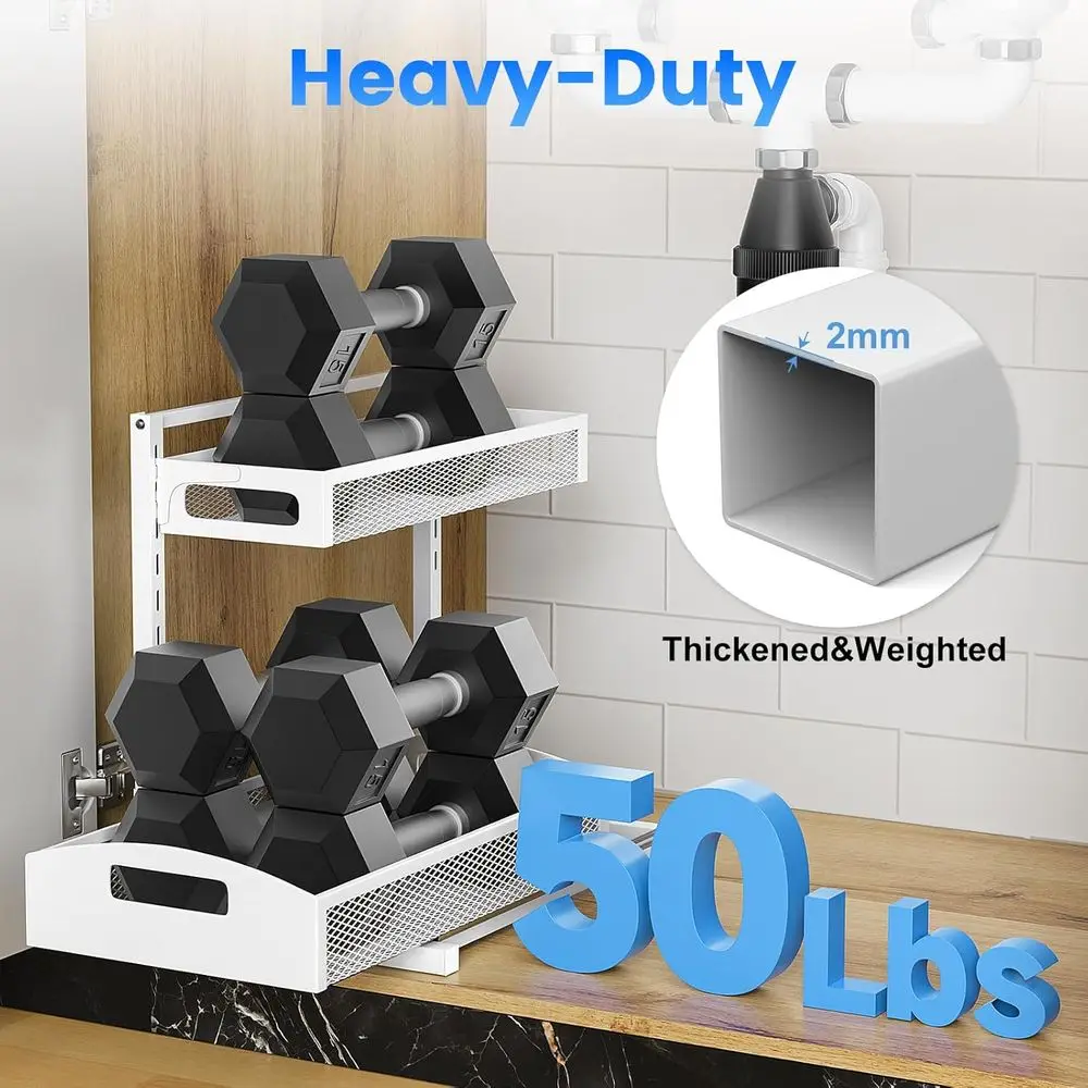 Metal Under Sink Organizer, Pull Out Cabinet Organizer Rack with Silk-Smooth Bottom Drawer, 5-Level Adjustable, Multi-Purpose St